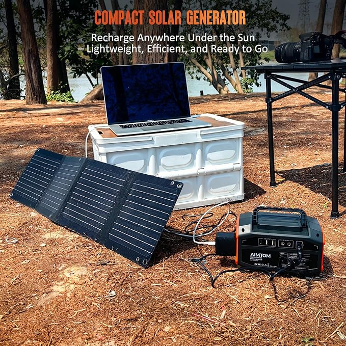 AIMTOM 200W Portable Power Station with 30W Solar Panel Bundle – 173Wh Lithium Battery, 250W Peak AC, USB-A, USB-C and 12V DC Outputs, High-Efficiency Solar Generator for Camping RV Emergency Backup