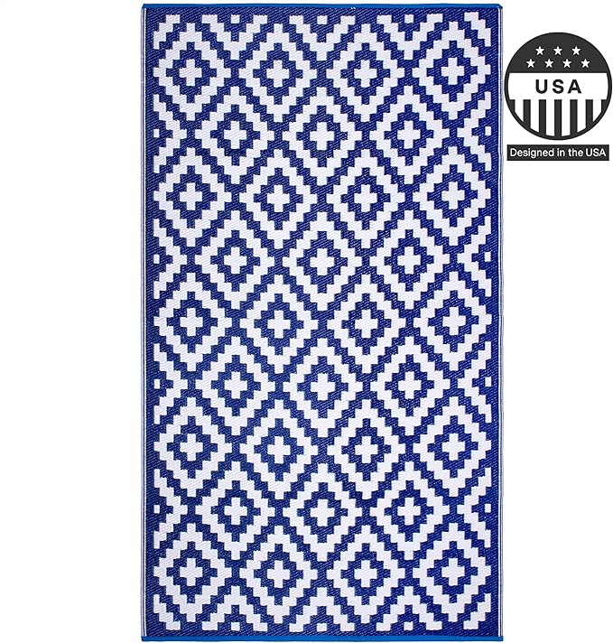 FH Home Outdoor Camping Rug - Waterproof, Fade Resistant, Reversible - Premium Recycled Plastic - Geometric - Large Patio, Deck, Sunroom, RV - Aztec - Blue & White - 9 x 12 ft Foldable