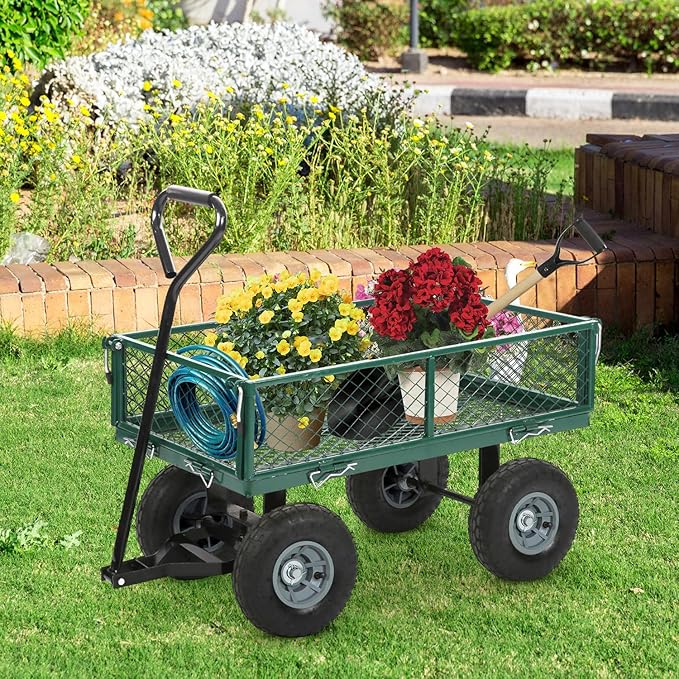 BestMassage Heavy Duty 500 Lbs Capacity Mesh Steel Garden Cart Folding Utility Wagon with Removable Sides for Beach Lawn Yard Landscape (Green)