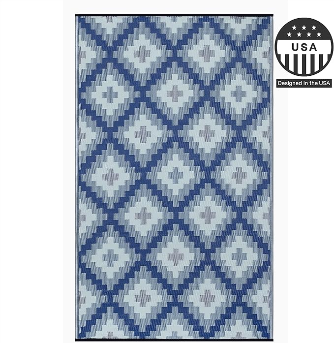 FH Home Outdoor Rug - Waterproof, Fade Resistant, Reversible - Premium Recycled Plastic - Geometric - Patio, Deck, Porch, Balcony, Laundry Room - Aztec Kilim - Blue Multi Crease Free - 4 x 6 ft