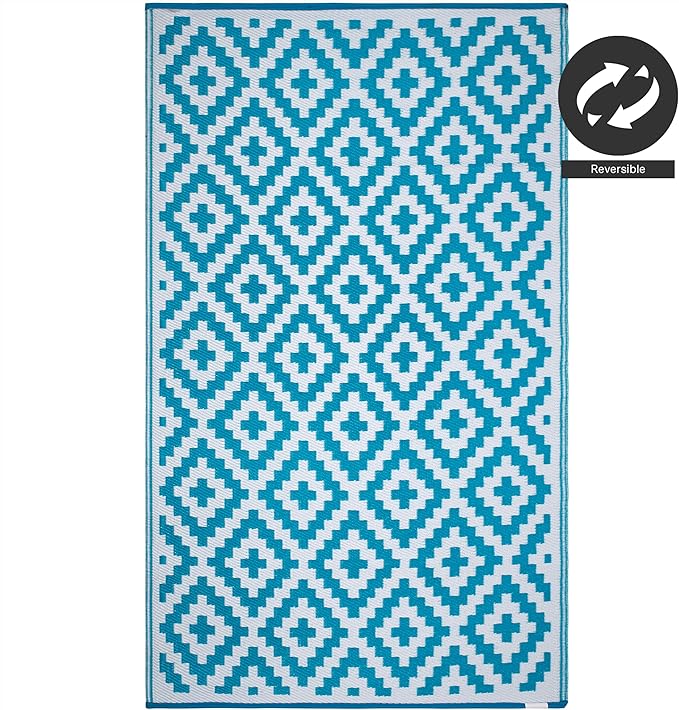 FH Home Outdoor Camping Rug - Waterproof, Fade Resistant, Reversible - Premium Recycled Plastic - Geometric - Large Patio, Deck, Sunroom, RV - Aztec - Teal & White - 9 x 12 ft Foldable
