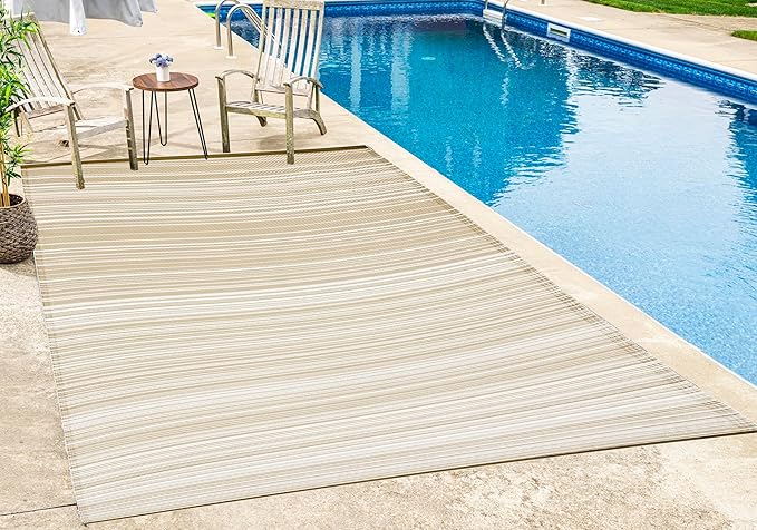 FH Home Outdoor Camping Rug - Waterproof, Fade Resistant, Reversible - Premium Recycled Plastic - Striped - Large Patio, Deck, Sunroom, RV - Havana - Beige - 9 x 12 ft Foldable