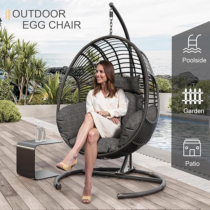 Oversized Hanging Egg Chair Outdoor Indoor, Wicker Swing Egg Chair with Stand 400lbs Capacity for Bedroom, Patio, Garden and Balcony (Black-Regular, Oversize)