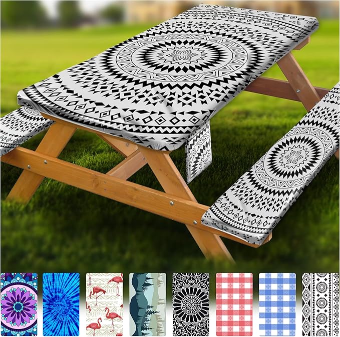 Fitted Picnic Table Cover with Bench Covers Vinyl Waterproof Elastic Edges Fitted Rectangle Tables Patio Tablecloth Camping Gear and Essentials Rv Accessories Road Trip Supplies Car Travel Must Haves