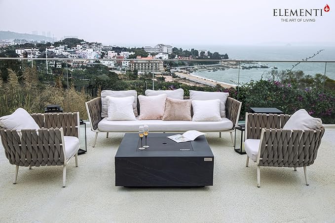 Elementi+ | Bundle Roraima Gas Fire Pit Cast Concrete 40" Square Fire Table, Outdoor Fire Pit Electronic Ignition | Canvas Cover, Fire Glass and Burner Lid Included | Dark Gray | Propane Gas