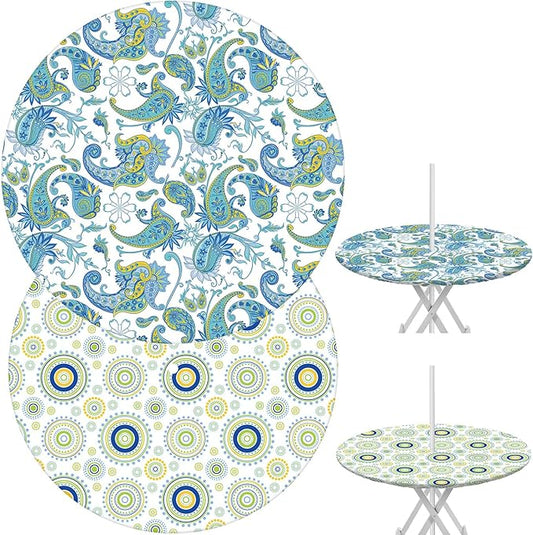 2 Pcs Round Outdoor Tablecloth with Umbrella Hole - Anti-wrinkle Polyester Tablecloth with Elastic Zipper Table Cover for Summer Patio Camping Party(45''-53'',Paisley, Floral Circle)