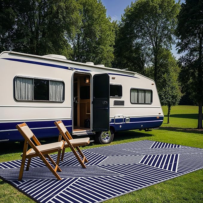 GENIMO Outdoor Rug for Patio Clearance,6'x9' Waterproof Mat,Reversible Plastic Camping Rugs,Rv,Deck,Porch,Camper,Balcony,Backyard (Blue & White)