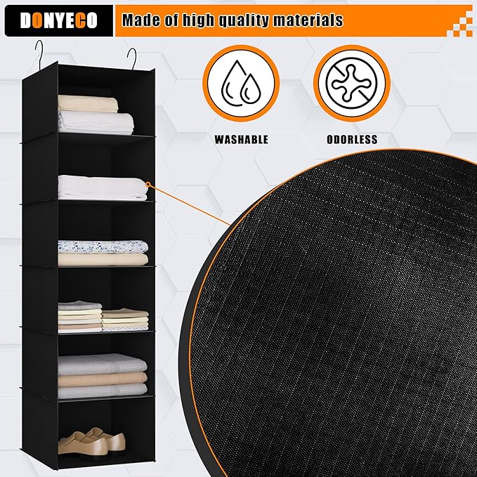 Hanging Closet Organizer and Storage 6-Shelf, Easy Mount Foldable Hanging Closet Wardrobe Shelves, Clothes Handbag Shoes Accessories Storage, Washable Oxford Cloth Fabric, Black