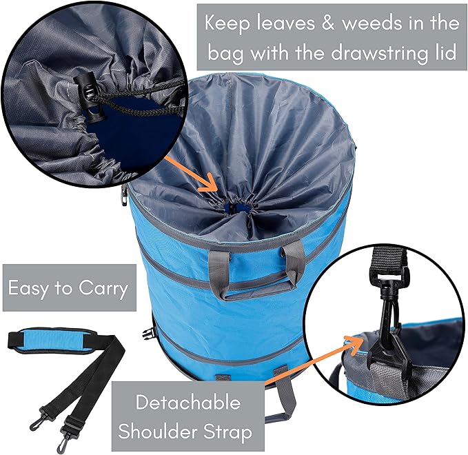 BIRDROCK HOME Collapsible Lawn and Leaf Waste Bag with Lid - 30 Gallon - Heavy Duty Reusable Camping Trash Can - Hardshell Bottom for Yard Debris, Garage Storage - Portable Garden Bin - Blue