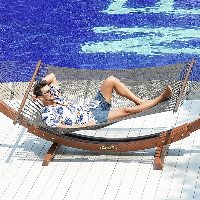 Lazy Daze Hammocks 10.5 FT Double 2 Person Caribbean Rope Hammock, Hand Woven Polyester Hammock with Spreader Bars, for Outside Outdoor Backyard Patio Poolside,450 LBS Capacity, Gray