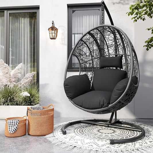 Oversized Hanging Egg Chair Set of 2 Outdoor Indoor, Wicker Swing Egg Chair with Stand 400lbs Capacity for Bedroom, Patio, Garden and Balcony