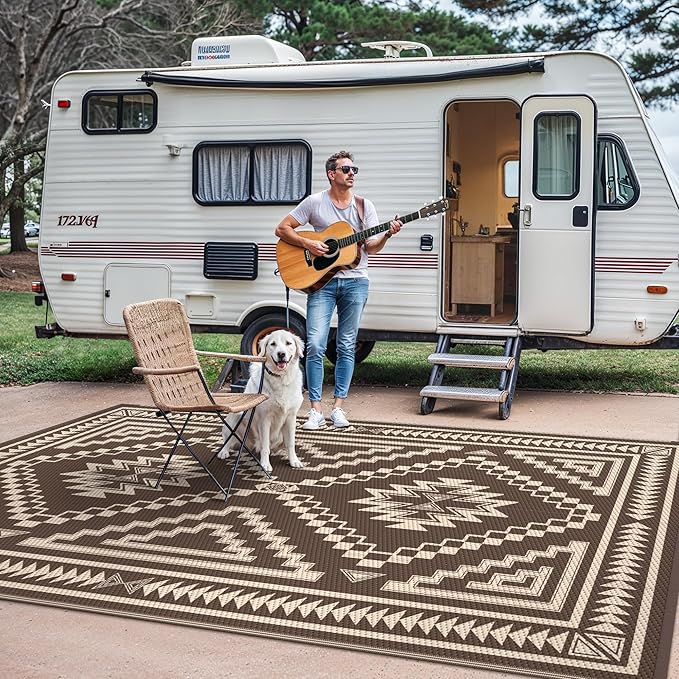 GENIMO Outdoor Rug for Patio Clearance, 8x10 ft Waterproof Mat,Reversible Plastic Camping Rugs, Rv, Porch, Deck, Camper, Balcony, Backyard, Coffee and Beige