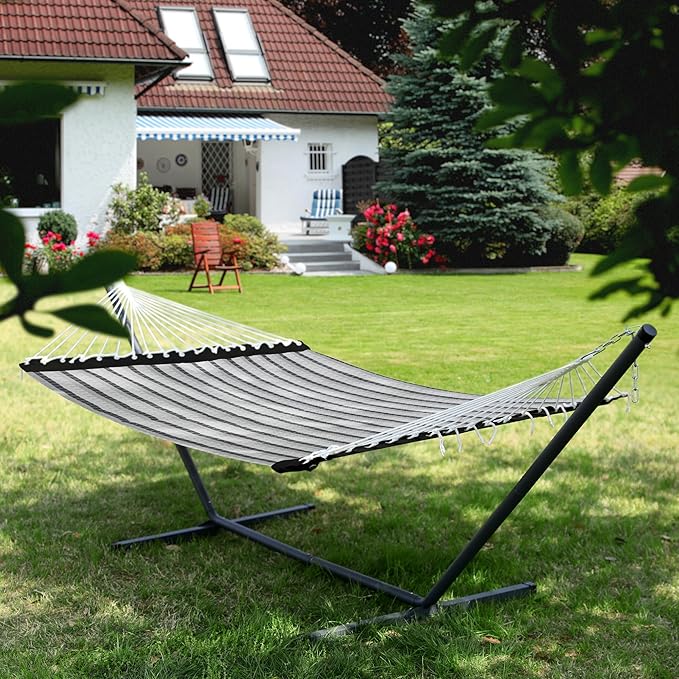 Patio Watcher 13 FT Quick Dry Textilene Hammock - Outdoor Double Hammock - Heavy Duty Hammocks for Outside - 450 lbs Capacity - Grey Plaid