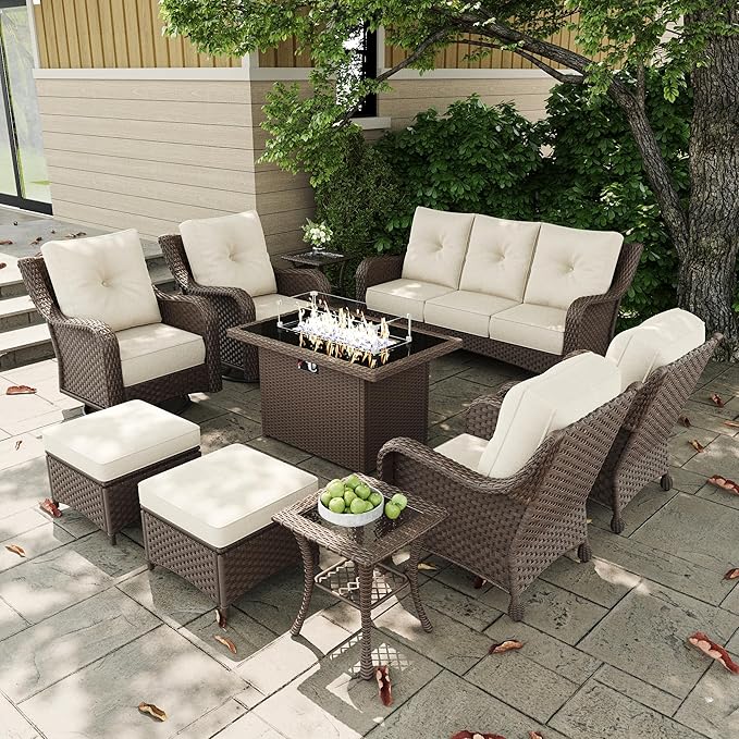 10 Pieces Outdoor Patio Furniture Sets with Rocking Swivel Chairs with 6-inch Thick Cushion and Fire Pit Table for Deck Lawn
