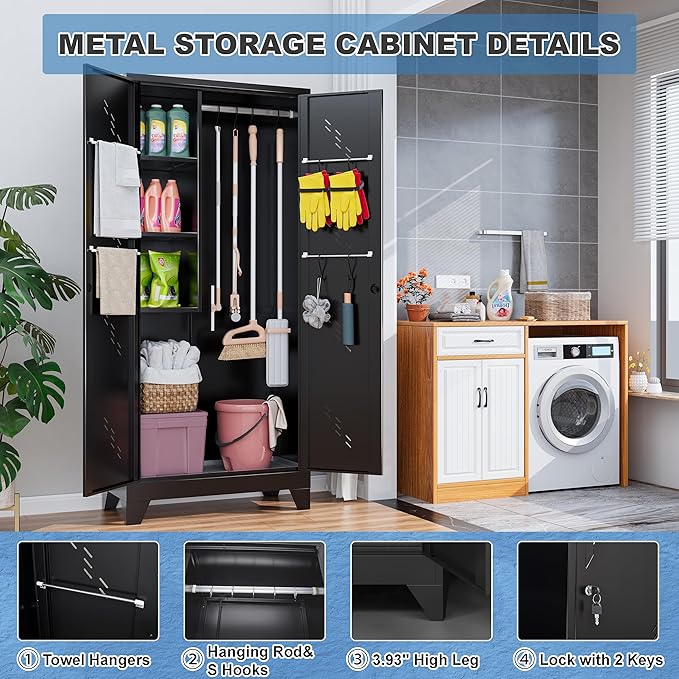 75" Heavy-Duty Metal Storage Cabinet with Lock - Wide & Deep Steel Tool Locker for Garage, Basement, Home Office - Outdoor/Indoor Pantry Organizer Cabinet