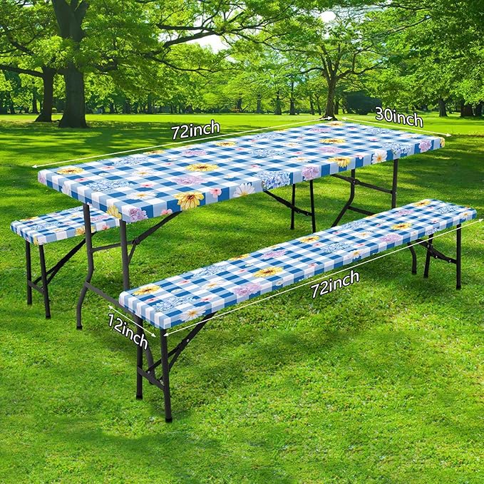 DYNH 3 Pcs Picnic Table Cover with Bench Covers, Waterproof Reusable Elastic Fitted Tablecloths for Rectangle Tables, Washable Floral Plaid Tablecloth for Camping,Outdoor Essentials,30X60IN