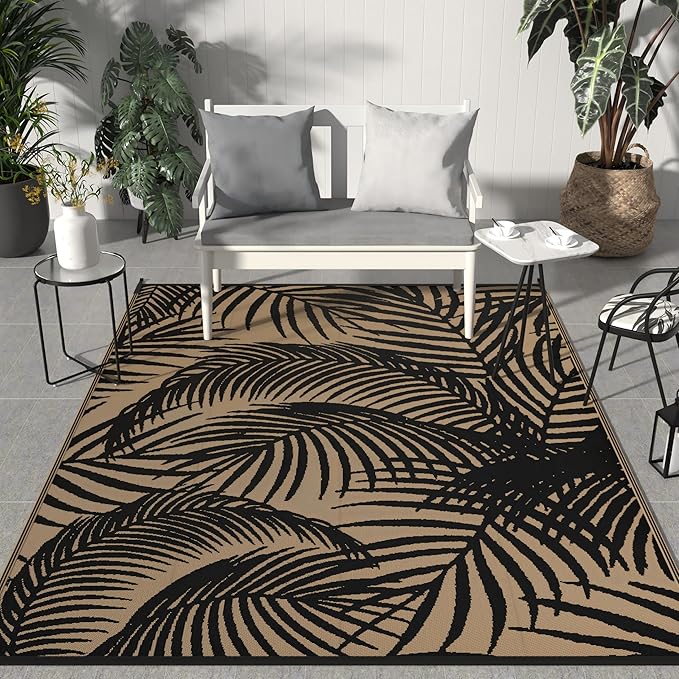 GENIMO Outdoor Rug 5' x 8' Waterproof for Patio Clearance, Reversible Plastic Straw Camping Carpet, Lightweight Mats for Rv, Backyard, Deck, Porch, Picnic, Beach, Balcony, Black & Brown