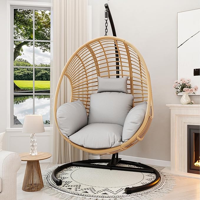 Oversized Hanging Egg Chair Outdoor Wicker Swing Chair with Stand Rain Cover UV Resistant Cushion 400lbs Capacity for Patio, Garden and Balcony