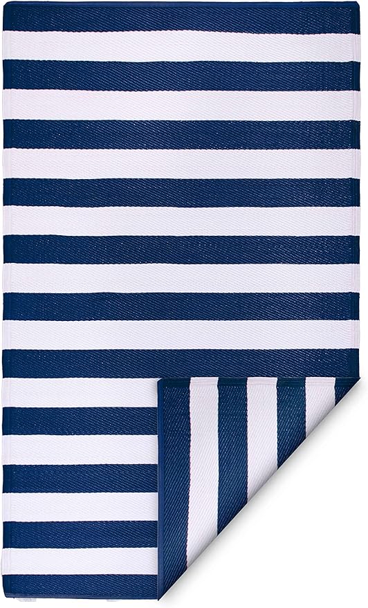 FH Home Outdoor Rug - Waterproof, Fade Resistant, Reversible - Premium Recycled Plastic - Striped - Large Patio, Deck, Sunroom, Camping, RV - Brittany Stripe - Blue & White Crease Free - 6 x 9 ft