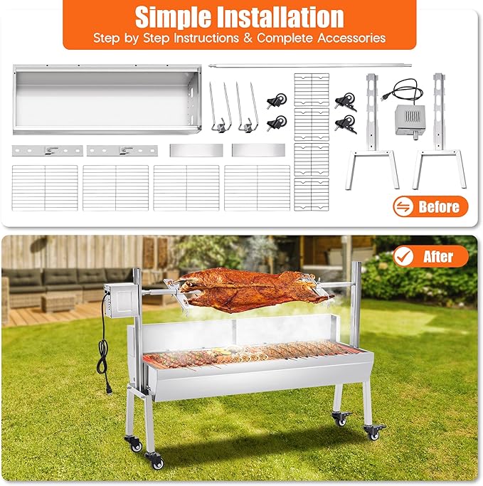 Jocisland Electric Rotisserie Grill Kit with Windscreen, 46" Height-Adjustable Charcoal Roaster, 132 Lbs Capacity, 45W Motor, Stainless Steel Spit with Lockable Wheels for Outdoor Camping