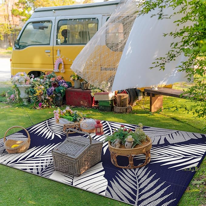 GENIMO Outdoor Rug 4' x 6' Waterproof for Patios Clearance, Reversible Outdoor Plastic Straw Camping Rug Carpet, Large Area Rugs Mats for RV, Camper, Deck, Balcony, Porch, Beach, Navy Blue&White