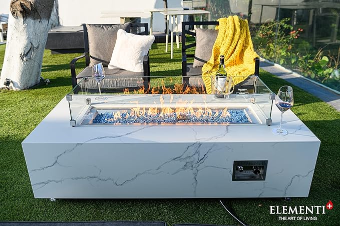 Elementi+ | Carrara Gas Fire Pit | Marble Porcelain & Metal Frame | 60" Rectangular Fire Table | Electronic Ignition | Canvas Cover, Fire Glass & Burner Lid Included | White | Propane Gas