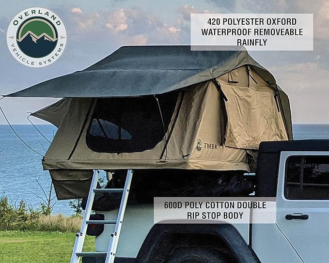 Overland Vehicle Systems TMBK 3 Person Roof Top Tent with Rain Fly Tan Body & Green Rainfly - Black Aluminum Base with Black Ladder - Universal Fitment