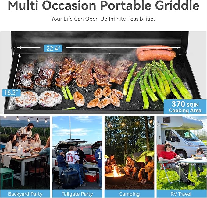 GREEN PARTY 22 inch Tabletop Griddle with Ceramic Coated Cast Iron Plate, 3 Burners Flat Top Griddle, Portable Propane Gas BBQ Grill Griddle for Kitchen Outdoor Cooking Barbecue Camping Tailgating