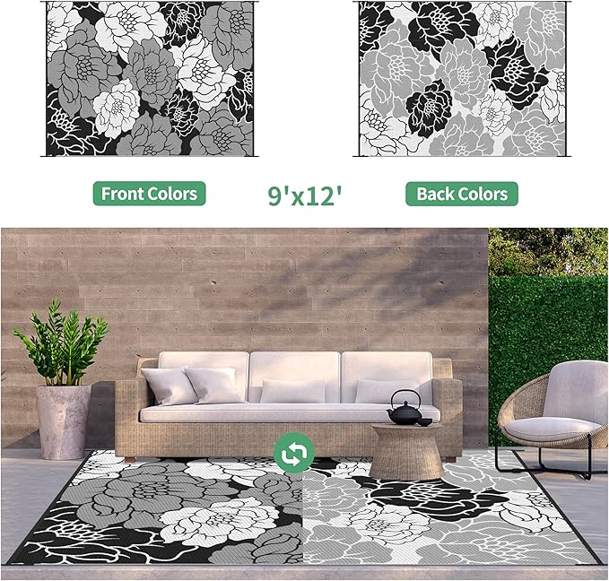 GENIMO Outdoor Rug Waterproof for Patio Decor, 9' x 12' Reversible Plastic Straw Floral Camping Carpet, Large Area Rugs Mats for RV, Camper, Deck, Balcony, Porch, Beach, Picnic, Mix-Black & White