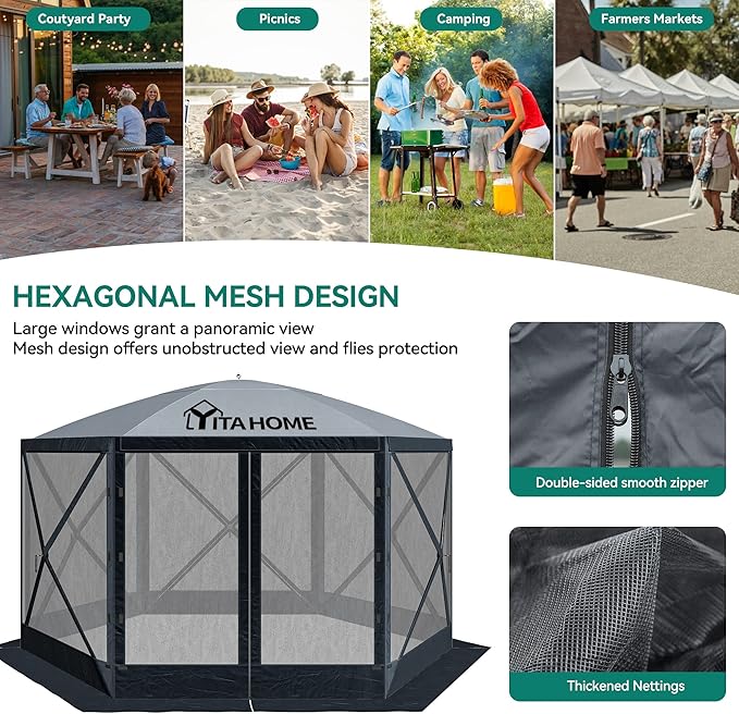 YITAHOME 12x12ft Camping Gazebo, Portable Pop Up Canopy Outdoor Screen Tent 6 Sided with Mesh Windows and Carry Bag for Camping, Picnic, Backyard Party Outside Activities, Gray
