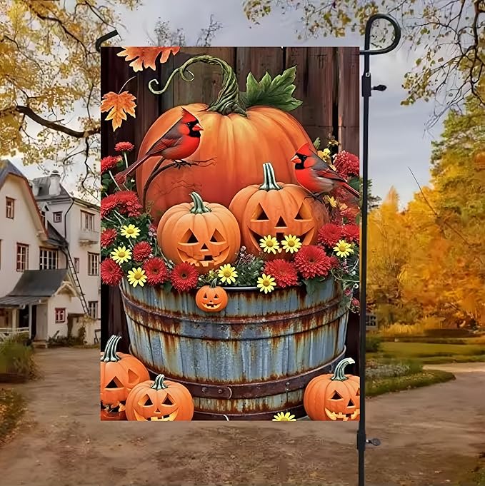 Fall Garden Flags 12x18 Double Sided, Pumpkin Yard Flags for Outside, Autumn Bird Small Yard Flags for Home Outdoor Decorations