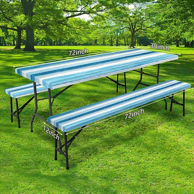 DYNH 3 Pcs Picnic Table Cover with Bench Covers, Sky Blue Navy Blue Grey Stripe Elastic Edge Reusable Waterproof Table Cloth, 60x30in Fitted Picnic Tablecloth for Camping Patio Travel RV Essentials