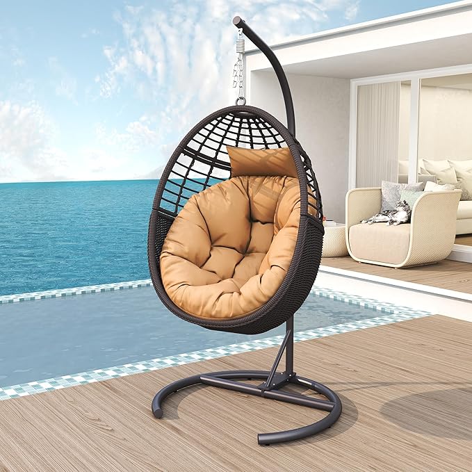 TWT Hanging Egg Chair with Stand, 330lbs Capacity Patio Wicker Egg Swing Chair with UV Resistant Cushion for Bedroom Garden Indoor Outdoor (Dark Brown)