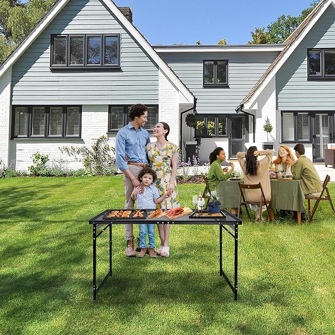 Camping Table 4FT Grill Table Foldable Folding Picnic Portable Stand Mesh 3 Height Adjustable Outdoor Card BBQ RV Black 47.2×23.6 inch