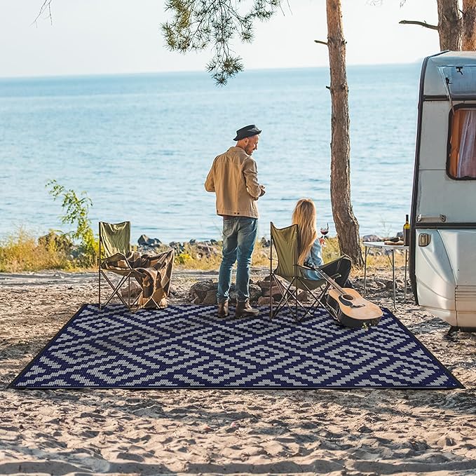 GENIMO Outdoor Rug for Patio Clearance, 6'x9' Waterproof Camping Mat, Reversible Plastic Straw Rugs for RV, Camper, Balcony, Backyard, Picnic, Deck (Blue & Grey)