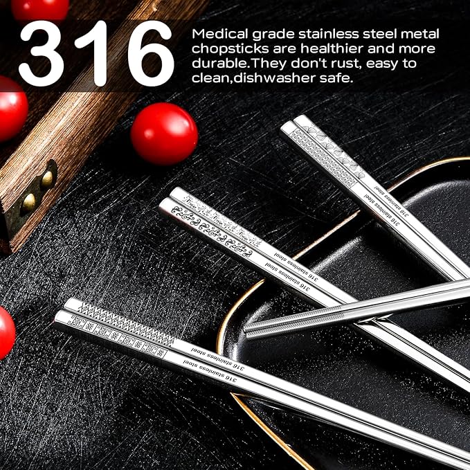 8 Pairs Metal Chopsticks Reusable 18/10 Stainless Steel Chopsticks Set Cute Laser Engraved Non-slip Japanese Korean Chinese Chopstick for Cooking Eating Dishwasher Safe 9.25" Chop Sticks Gift Set
