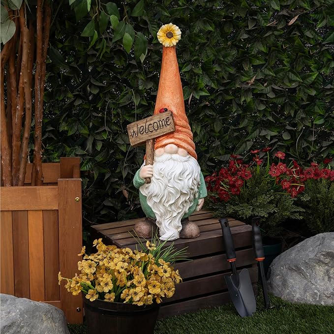 Alpine Corporation MCC848 Indoor/Outdoor Gnome with "Welcome" Sign Garden Statue, Charming Gnome with Hat, 26"H, Orange