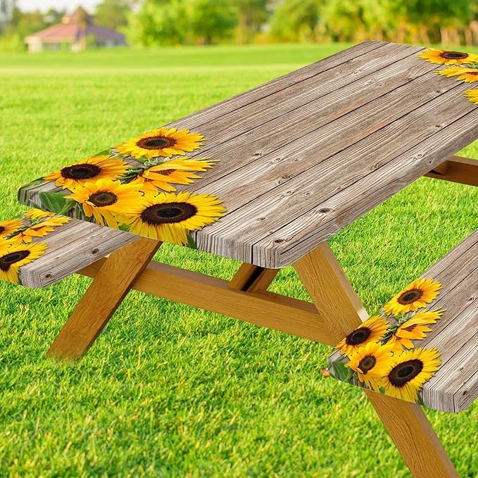 3 Pcs Sunflower Wooden Picnic Table Cover with Bench Covers,Rustic Sunflower Waterproof Fitted Picnic Table Cloths Retro Wood Texture Elastic Outdoor Picnic Tablecloth for Camping Patio Travel,Muti2