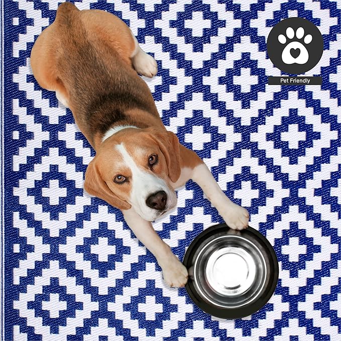 FH Home Outdoor Rug - Waterproof, Fade Resistant, Reversible - Premium Recycled Plastic - Geometric - Large Patio, Deck, Sunroom, Camping, RV - Aztec - Blue & White Crease Free - 6 x 9 ft