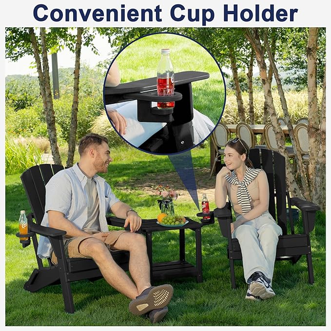 Folding Adirondack Chair, SGS Tested, Wooden Textured with Cup Holder, Heavy All-Weather HDPE Comfortable Set Poolside Backyard Lawn Black