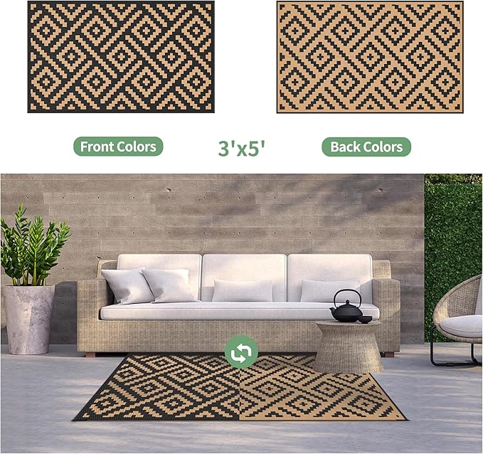 GENIMO Outdoor Rug 3'x5' Waterproof, Reversible Camping Mat, Plastic Straw Rugs for Patio, RV, Camper, Balcony, Backyard, Picnic, Deck (Black & Brown)