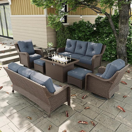 8 Pieces Outdoor Patio Furniture Sets with Rocking Swivel Chairs with 6-inch Thick Cushion and Fire Pit Table for Deck Lawn