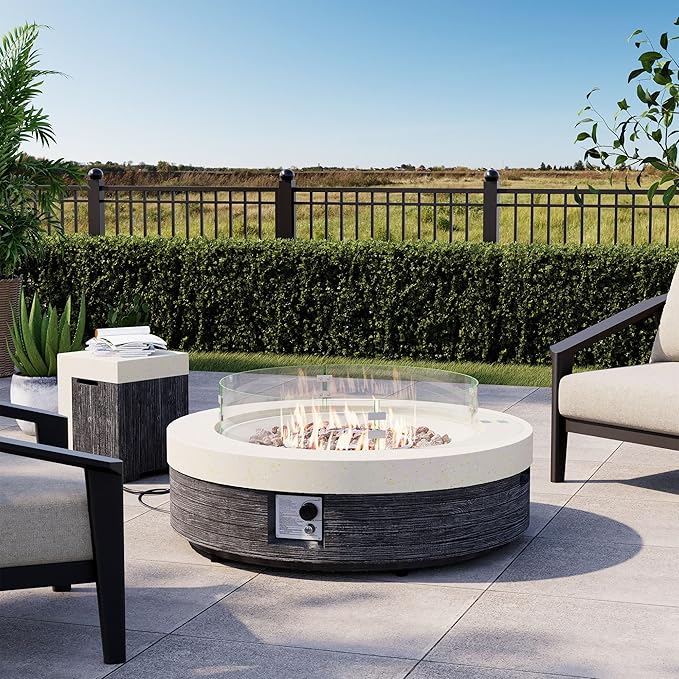 COSIEST 42" Outdoor Propane Fire Pit Table w Tank Cover & Wind Guard, Round Gas Fire Pit Table with Concrete & Wood Grain Design, 50000BTU CSA Certified Fire Tables for Patio, Backyard, Garden