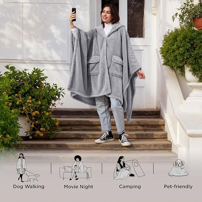 Bedsure Blanket Poncho for Women, Hooded Wearable Fleece Blanket for Adult, Winter Poncho Shawl Wrap Cape as Gifts for Mom