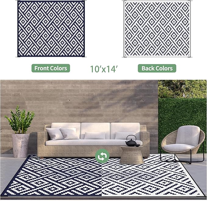 GENIMO Outdoor Rug for Patio Clearance, 10'x14' Waterproof Large Camping Mat, Reversible Plastic Straw Rugs for RV, Camper, Balcony, Backyard, Picnic, Deck (Navy Blue & White)