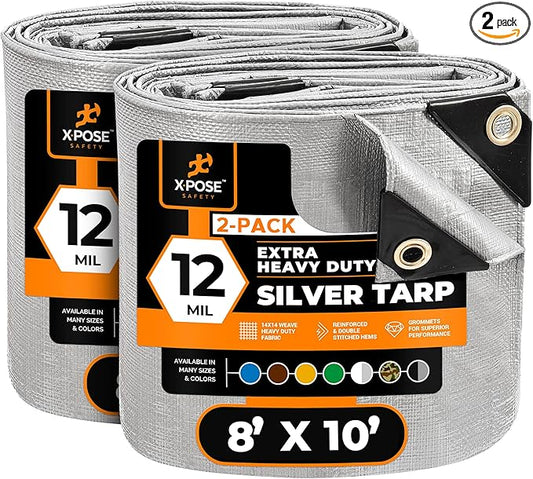 Heavy Duty Silver Poly Tarp 8' X 10' (2-Pack) - Multipurpose Protective Cover - Durable, Waterproof, Weather Proof, Rip and Tear Resistant - Extra Thick 12 Mil Polyethylene - by Xpose Safety