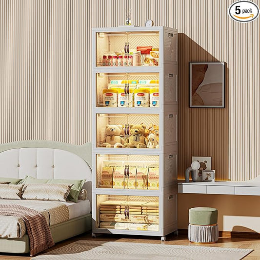 520 QT / 130 Gal Stackable Collapsible Storage Bins with Magnetic Doors & Wheels - Space-Saving Plastic Organizer Cabinet for Closet, Office, Home (White)