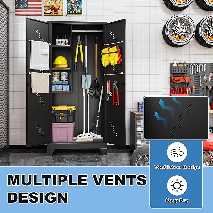 75" Heavy-Duty Metal Storage Cabinet with Lock - Wide & Deep Steel Tool Locker for Garage, Basement, Home Office - Outdoor/Indoor Pantry Organizer Cabinet