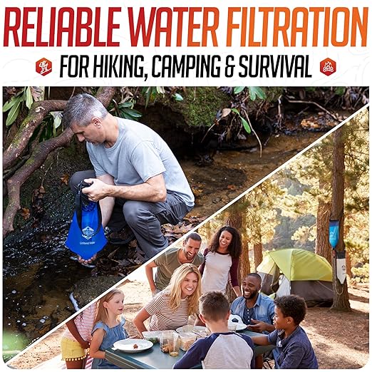 Gravity Water Filtration System – 2 High Capacity Lightweight Hanging Bags for Backpacking, Camping, Survival, Hiking, Hunting - Dirty, Clean Water Bags, Water Filter and Cleaning Plunger Included