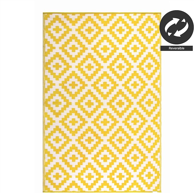 FH Home Outdoor Camping Rug - Waterproof, Fade Resistant, Reversible - Premium Recycled Plastic - Geometric - Large Patio, Deck, Sunroom, RV - Aztec - Yellow & White - 9 x 18 ft Foldable